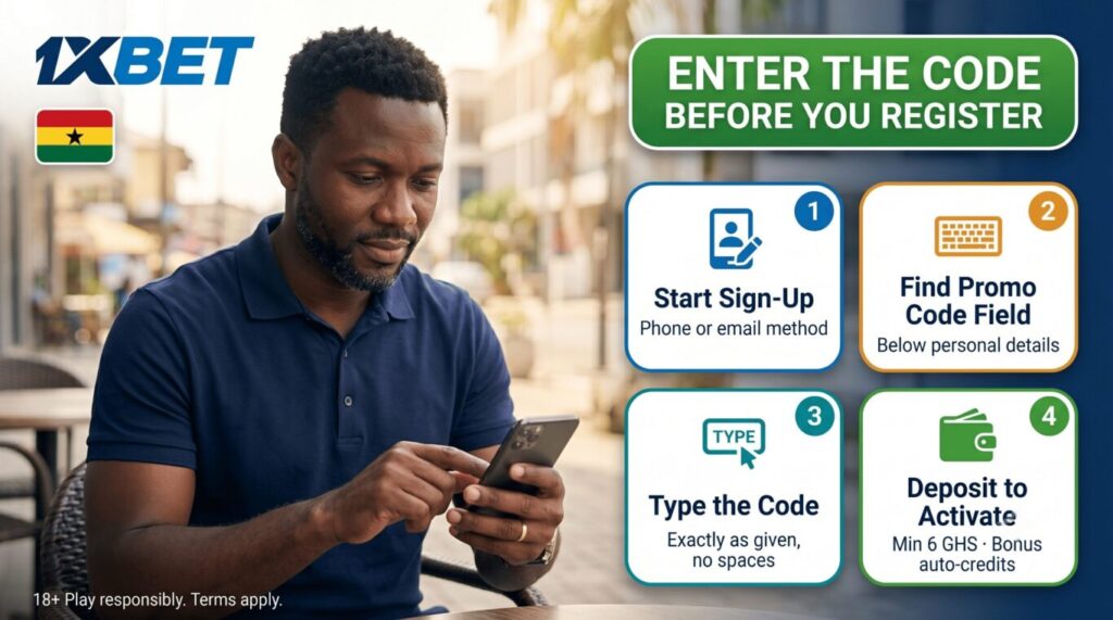 How to enter 1xBet promo code in Ghana: find the field during sign-up, type the code and deposit to activate